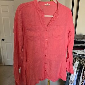Eileen Fisher Organic Irish Linen Bright Pink Button Down Shirt Small